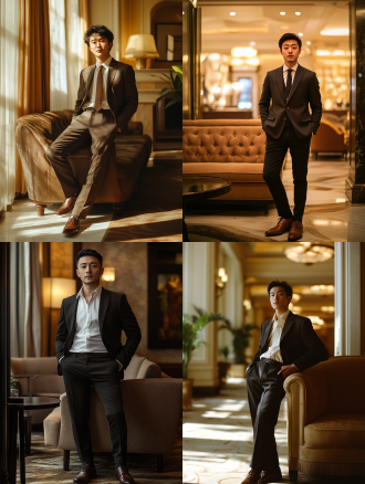 穿西服德比鞋中国青年提公文包靠酒店大堂沙发，皮鞋特写居中，柔光暖调，儒雅自信，摄影纪实，明亮米色，环境光。 摄影纪实 办公室 充满阳光 家庭办公室 舞厅 酒吧 美术馆 城堡内部 教堂内 埃菲尔铁塔 歌剧院大厅 米色 明亮的 暖光 环境光 丹麦室内 当代建筑 北欧室内 新艺术运动 法式乡村 巴洛克建筑 美院派室内