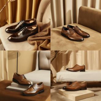 男士皮鞋放沙发边角，三分法构图，复古风格，客厅内棕色调，微距顶光，静态沉稳，摄影纪实，干净背景，dslr长焦特写俯视。 摄影纪实 办公室 干净背景 卧室 居中构图 三分法构图 长焦拍摄 特写 俯视 对称构图 dslr拍摄 白金 象牙白 米色 平面摄影 普拉达 古驰 路易威登 爱马仕