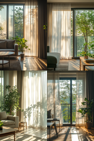 客厅落地窗，三分割构图，现代风，暖光，广角，阳光穿帘，有沙发茶几绿植，温馨舒适；卧室阳台，对称构图，极简风，晨光，长焦，纱帘影，有枕旁桌，宁静舒缓；智能家居互联，对角线构图，科技风，蓝光，鱼眼，有手机界面与窗帘灯，智能神奇。
