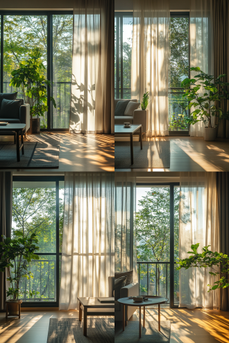 客厅落地窗，三分割构图，现代风，暖光，广角，阳光穿帘，有沙发茶几绿植，温馨舒适；卧室阳台，对称构图，极简风，晨光，长焦，纱帘影，有枕旁桌，宁静舒缓；智能家居互联，对角线构图，科技风，蓝光，鱼眼，有手机界面与窗帘灯，智能神奇。