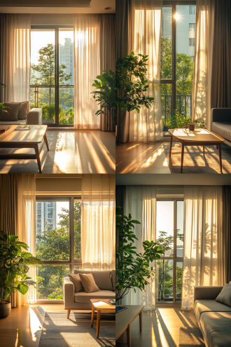 客厅落地窗，三分割构图，现代风，暖光，广角，阳光穿帘，有沙发茶几绿植，温馨舒适；卧室阳台，对称构图，极简风，晨光，长焦，纱帘影，有枕旁桌，宁静舒缓；智能家居互联，对角线构图，科技风，蓝光，鱼眼，有手机界面与窗帘灯，智能神奇。
