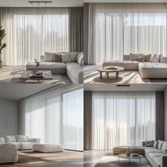 "极简主义客厅，3米宽全景窗悬挂香格里拉帘： - 帘体：象牙白柔纱+浅灰调光叶片，顶部隐藏电机盒 - 环境：灰色微水泥墙面，模块化布艺沙发 - 光影：下午3点阳光斜射，地面呈现条纹光斑 - 参数：oc渲染器，超写实织物细节