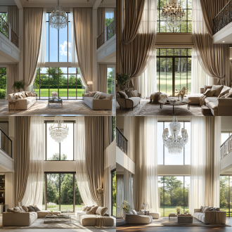 “简欧风格客厅，挑空楼层，有落地窗，窗外外是草坪花园，窗帘有波幔帘头，一层窗帘，一层窗纱，窗帘绑起状态。环境：简约欧式组合沙发。水晶吊灯，地毯。光影：柔和自然光，8k高清，参数：oc渲染器，超写实织物细节
