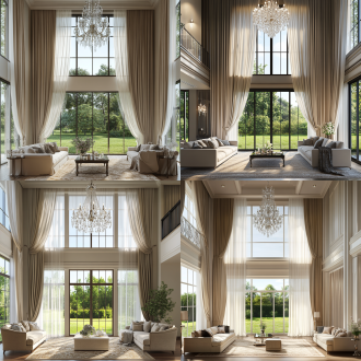 “简欧风格客厅，挑空楼层，有落地窗，窗外外是草坪花园，窗帘有波幔帘头，一层窗帘，一层窗纱，窗帘绑起状态。环境：简约欧式组合沙发。水晶吊灯，地毯。光影：柔和自然光，8k高清，参数：oc渲染器，超写实织物细节