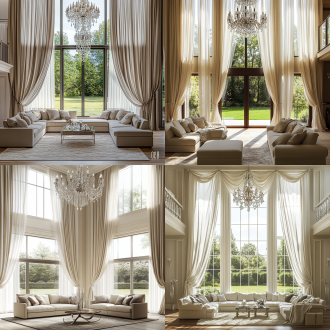 “简欧风格客厅，挑空楼层，有落地窗，窗外外是草坪花园，窗帘有欧式帘头，一层窗帘，窗帘绑起状态一层窗纱，窗纱自然下垂。环境：简约欧式组合沙发。水晶吊灯，地毯。光影：柔和自然光，8k高清，参数：oc渲染器，超写实织物细节