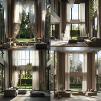 简欧客厅挑空配落地窗，外有草坪花园，绑起窗帘搭下垂窗纱，组合沙发水晶灯地毯，柔和自然光，8k，oc渲染，超写实。