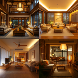 诧季风客厅，对称布局，复古风格，暖黄灯光，广角镜头，中景，柔和色彩，闲适氛围，木质元素。
