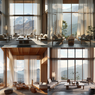 诧季风客厅，落地窗配远山景，窗帘下垂窗纱飘，简约木质家具，柔和自然光，8k高清，oc渲染，超写实。