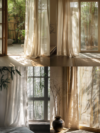 诧寂风客厅，亚麻褶皱窗帘垂落，棉麻纱帘轻扬，窗外竹林庭院，斑驳光影，藤编沙发等，低饱和莫兰迪色，漫反射光，极简构图