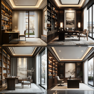 中式书房，45°视角，左靠墙深色书柜书桌书椅，右落地窗庭院，浅灰帘白纱，吸顶灯装饰，8k高清，超写实，暖光，对称布局。