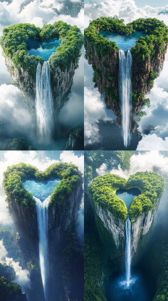 the waterfall falls from the sky, forming an oversized heart-shaped mountain with green vegetation on top and a blue lake at its center. the aerial view captures water splashing down the cliff edge into crystal-clear waters below, creating mesmerizing reflections in light white clouds. this stunning natural masterpiece perfectly reflects love's enchanting power over nature, focusing on the face.