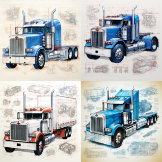 design blueprint of a peterbilt 379 truck with classic movie color scheme. the truck is depicted in 3d form at the center of the canvas with a pencil sketch style. surrounding the vehicle are scattered unfinished drafts of various parts, such as the iconic front grille, wheels, exhaust pipes, and engine details. the sketch should emphasize the strong, rugged features of the truck, showcasing its detailed structure and powerful design. include annotations and text explanations for the design, highlighting key components and functionality. the background is pure white to allow the truck’s design to stand out. classic color scheme, focusing on red and silver tones
