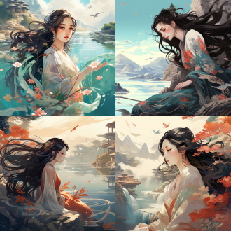 长发美女仙气飘飘置身含山水传统文化插画中，三分法构图，国风色彩，室内场景，长焦镜头，逆光，静态，优雅。