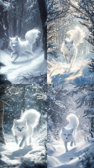 在一片银装素裹的雪林之中，皑皑白雪压在苍劲的古松枝头。一只通体雪白的九尾狐，毛发似最纯净的雪花，柔顺且蓬松，在 8k 高清画质下，每一根绒毛都纤毫毕现。九条尾巴如同灵动的白色绸缎，随风轻轻摆动。它身姿矫健轻盈，四爪在雪地上轻快踏过，溅起细碎的雪花。狐眼如湛蓝的宝石，明亮而清澈，紧紧盯着镜头方向，朝着镜头飞速奔跑而来。画面构图以雪地森林为背景，九尾狐处于画面中心偏下位置，留出上方空间以展现广阔的雪景，突出其奔跑的动态感。