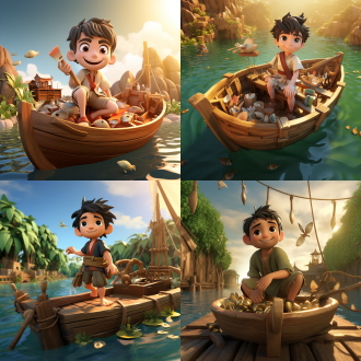 3d卡通cg版风格，全景，俯视视角，波光粼粼的河面上，圆脸大眼、蒜头鼻的q版农夫阿牛（30岁，粗布短打）跪在战国木船边，手持青铜短刀猛刻船舷，溅起的水花打湿裤腿，脚边鱼篓翻倒、活鱼蹦跳，背景芦苇丛中惊起飞鸟，木质纹理与青铜刀锈迹细节强化，比例「9:16」。