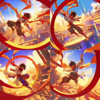 哪吒脚踩风火轮手持混天绫破壁而出，三分构图，奇幻风，赛博空间，超广角，顶光，动态模糊，酷炫色彩，震撼感。