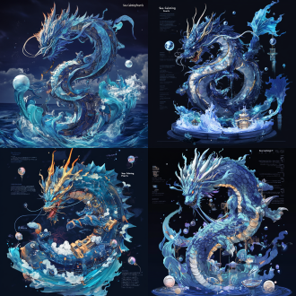 东海龙王·敖光，深渊王权与雷霆之怒的视觉化，核心，沧溟主宰·风暴具象化，龙族威仪 × 暗海漩涡 × 量子古纹 × 械灵水魄 ，外观设计，材质：液态水银与深海玄晶融合的流动装甲，表面浮现甲骨文电路纹路 ，色彩深渊绀青（#1a237e）」+「雷霆暴紫（#6a1b9a）」 ，龙角化作两根数据光缆，末端迸发球形闪电 - 龙须延展为半透明水链，锁着沉没的星际战舰残骸 ，背后悬浮十二颗「定海珠」，内藏不同海域的全息沙盘 ，1. 潮汐罗盘 - 深海压强可视化/漩涡分形几何/巨浪冻结成玉雕/珊瑚量子计算机群 2. 风暴令符 - 龙语声波实体化/积雨云机械解构/雷电枝状神经网/飓风瞳孔虹膜纹理 3. 水族统御链 - 鲸群硅基共生体/虾兵蟹将赛博义肢/蛟龙脊椎能量管/蚌精全息投影珍珠 4. 镇压法宝库 - 混天绫数据乱流/乾坤圈引力坍缩特效/火尖枪等离子尾迹/风火轮虫洞涟漪