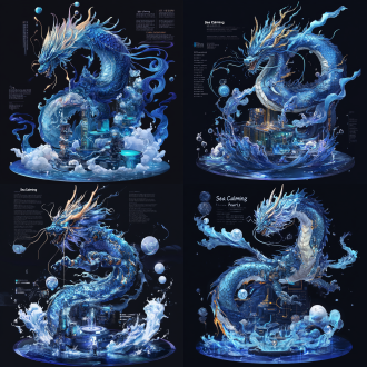 东海龙王·敖光，深渊王权与雷霆之怒的视觉化，核心，沧溟主宰·风暴具象化，龙族威仪 × 暗海漩涡 × 量子古纹 × 械灵水魄 ，外观设计，材质：液态水银与深海玄晶融合的流动装甲，表面浮现甲骨文电路纹路 ，色彩深渊绀青（#1a237e）」+「雷霆暴紫（#6a1b9a）」 ，龙角化作两根数据光缆，末端迸发球形闪电 - 龙须延展为半透明水链，锁着沉没的星际战舰残骸 ，背后悬浮十二颗「定海珠」，内藏不同海域的全息沙盘 ，1. 潮汐罗盘 - 深海压强可视化/漩涡分形几何/巨浪冻结成玉雕/珊瑚量子计算机群 2. 风暴令符 - 龙语声波实体化/积雨云机械解构/雷电枝状神经网/飓风瞳孔虹膜纹理 3. 水族统御链 - 鲸群硅基共生体/虾兵蟹将赛博义肢/蛟龙脊椎能量管/蚌精全息投影珍珠 4. 镇压法宝库 - 混天绫数据乱流/乾坤圈引力坍缩特效/火尖枪等离子尾迹/风火轮虫洞涟漪