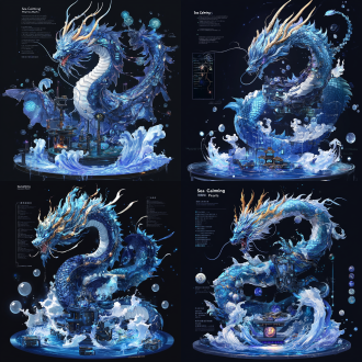 东海龙王·敖光，深渊王权与雷霆之怒的视觉化，核心，沧溟主宰·风暴具象化，龙族威仪 × 暗海漩涡 × 量子古纹 × 械灵水魄 ，外观设计，材质：液态水银与深海玄晶融合的流动装甲，表面浮现甲骨文电路纹路 ，色彩深渊绀青（#1a237e）」+「雷霆暴紫（#6a1b9a）」 ，龙角化作两根数据光缆，末端迸发球形闪电 - 龙须延展为半透明水链，锁着沉没的星际战舰残骸 ，背后悬浮十二颗「定海珠」，内藏不同海域的全息沙盘 ，1. 潮汐罗盘 - 深海压强可视化/漩涡分形几何/巨浪冻结成玉雕/珊瑚量子计算机群 2. 风暴令符 - 龙语声波实体化/积雨云机械解构/雷电枝状神经网/飓风瞳孔虹膜纹理 3. 水族统御链 - 鲸群硅基共生体/虾兵蟹将赛博义肢/蛟龙脊椎能量管/蚌精全息投影珍珠 4. 镇压法宝库 - 混天绫数据乱流/乾坤圈引力坍缩特效/火尖枪等离子尾迹/风火轮虫洞涟漪