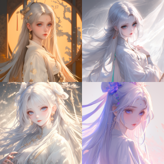 超清渲染动漫中国少女，银色长发汉服裙，温柔自信，远景透视，自然色调，柔和光，古装风，静态放松，高清细腻，唯美氛围。