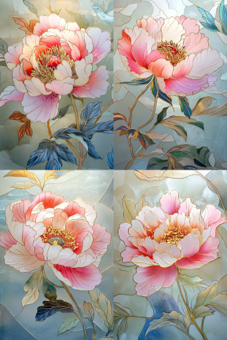 水墨牡丹金色勾边 风格柔美 风格派 彩色玻璃