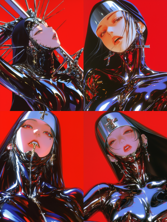 a beautiful nun with a cross on her lips against a red background, wearing a black latex outfit with gold details, in the style of david uhl and jeanloup sieff, from a vogue cover photo with a maximalist composition trending on instagram.