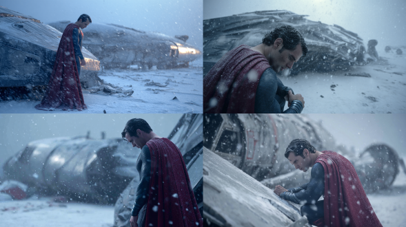 亨利·卡维尔版超人肃立冰原，氪星侦察船半埋雪中，钢铁之躯战衣，深红披风静止垂落，单手轻触冰冷外星金属，低头沉思，锐利蓝眼映飞船微光，雪花空中悬浮，冷色调（蓝灰白）仅披风深红点缀，低角度突显规模与孤寂，电影感，扎克·施奈德美学，广角镜头，动态模糊，侧逆光，颗粒感，史诗构图