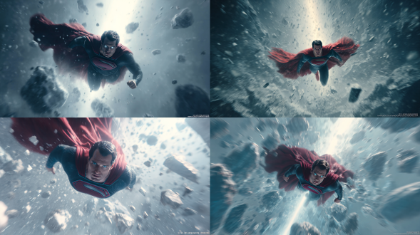 超人垂直启动，低角度动态镜头，亨利·卡维尔扮演，钢铁之躯战衣，双腿全力伸展，深红色披风如火焰般翻腾，冰块和雪块从起飞点向外爆炸形成冲击波，眼睛微泛蓝光，专注表情，速度线形成，戏剧性体积光锥穿透天空，扎克·施奈德标志性变速效果，16:9比例，冷色调，广角镜头，动态模糊，强烈对比，电影级光照，史诗感，力量爆发。