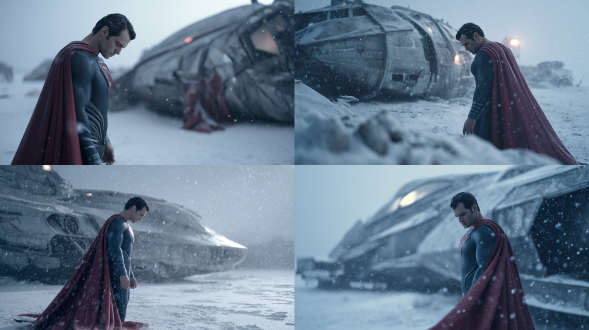 亨利·卡维尔版超人肃立冰原，氪星侦察船半埋雪中，钢铁之躯战衣，深红披风静止垂落，单手轻触冰冷外星金属，低头沉思，锐利蓝眼映飞船微光，雪花空中悬浮，冷色调（蓝灰白）仅披风深红点缀，低角度突显规模与孤寂，电影感，扎克·施奈德美学，广角镜头，动态模糊，侧逆光，颗粒感，史诗构图