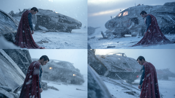 亨利·卡维尔版超人肃立冰原，氪星侦察船半埋雪中，钢铁之躯战衣，深红披风静止垂落，单手轻触冰冷外星金属，低头沉思，锐利蓝眼映飞船微光，雪花空中悬浮，冷色调（蓝灰白）仅披风深红点缀，低角度突显规模与孤寂，电影感，扎克·施奈德美学，广角镜头，动态模糊，侧逆光，颗粒感，史诗构图