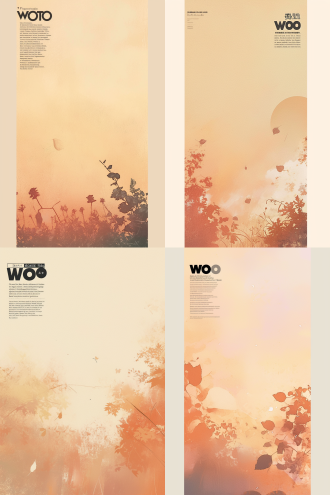 橙色粉色浅黄暖色调壁纸，全景构图，含树叶花朵云朵，柔和渐变，柔焦，暖光，梦幻温馨，舒适氛围，广角镜头。 中国水墨