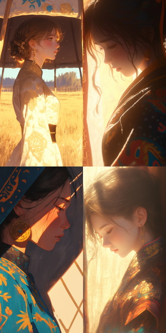 蒙古族小新娘侧脸对镜头，火光映侧脸阴影于蒙古包，插画风，特写，暖光，高饱和色彩，静谧氛围，对角线构图，暖色调，长焦镜头。