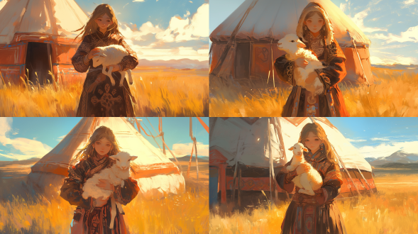 蒙古袍女孩抱羊羔站蒙古包前，三分法构图，草原环境，长焦镜头，柔和暖光，女孩面容温柔，宁静氛围，暖色调，特写。