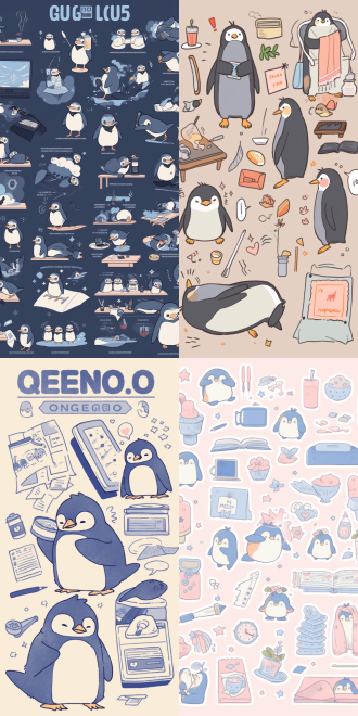 企鹅q版设计，圆形身体，漫画风格，高清画质，镜头特写，多个活泼动作表情，蓝色天空背景，天气晴朗，光线柔和，矢量平面，鲜艳色彩，轻松氛围，动态捕捉，表情丰富。 参考表
