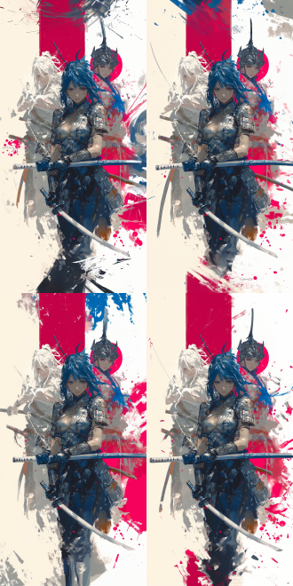 穿银青色武士铠甲的女孩，身材精壮优美，青色短发，眼型凶恶，手持两把直太刀，出刀姿势，二次元漫画风格，高光处理，力量感，动态感，高对比度，锐利线条，低角度拍摄。