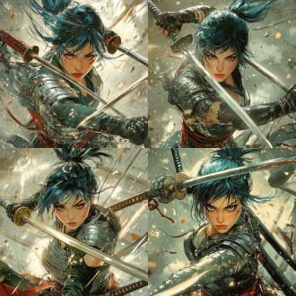 穿银青色武士铠甲的女孩，身材精壮优美，青色短发，眼型凶恶，手持两把直太刀，出刀姿势，二次元漫画风格，高光处理，力量感，动态感，高对比度，锐利线条，低角度拍摄。