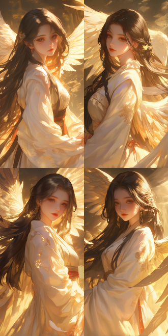 美女长发黑发，白裙女生，表情失落，手持符文，阳光明媚，学院背景，细节完美，日本漫画风格，特写视角，4k画质，汉服，古代学院，手上羽毛发光，中式服装，古代中式，高细节，明亮光线，广角镜头，动态模糊，柔和色彩，忧郁情绪。 油画