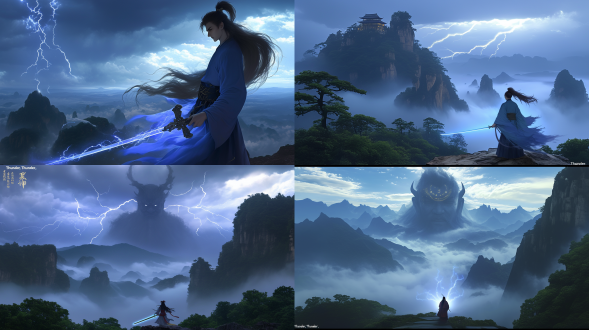 远景，正视图，高大威严，冷峻面容，剑眉星目，长发如墨，深邃的眼神。青色长袍，金色雷电纹路，佩剑“雷霆”，光芒微弱，剑身泛蓝，沉稳、冷静，散发强大威压。 武器：古剑“雷霆”，蓝色光辉，能引动天雷。