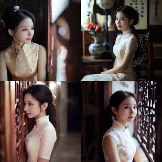 民国旗袍少女显身材，三分构图，室内暖黄调，长焦镜头侧光，浅笑优雅，青春甜美，明亮清新。