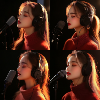 白皙多发女子右侧脸戴耳机在录音棚夜晚配音，配麦克风与防喷网，三分法布局，特写，冷调，无方向光，专注。