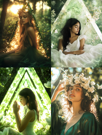 女神节主题，清新淡雅风，绿色系，三角构图，森林环境，逆光，慢快门，花朵元素，宁静氛围，展现女性内在力量。