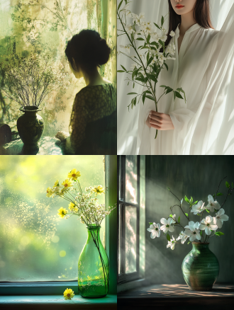 女神节，绿色系清新淡雅风，花瓶插花，光影斑驳，竖构图，浅景深，柔光，宁静氛围，展现女性内在力量。