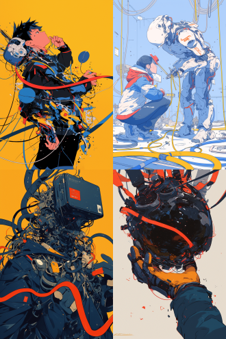a person trying to use a vr headset but getting tangled in wires, a robot calmly offering help. cartoonish expression, exaggerated proportions, primary color palette (red, blue, yellow).
