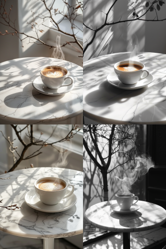 大理石圆桌上的咖啡杯 + 北欧风灰白色调 + 窗外树影斑驳 + 蒸汽缓缓上升