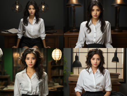 中国女孩在办公室，三分法构图，现代简约风，中长焦镜头，顶光，坐姿专注，白衬衫黑裙，自信神情，冷色调。