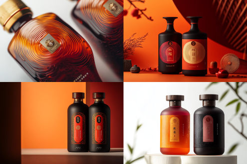 baijiu packaging design, label, dark red and orange packaging, packaging, two bottle styles, studio lighting, commercial photography, symmetrical layout, high light details, white background, macro lens, soft light, clear focus, modern feel, brand logo, professional texture