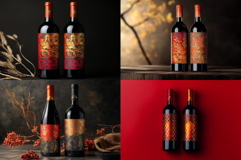 the wine packaging design assigned, exquisite labels, red and orange packaging, packaging, two bottle styles, studio lighting, commercial photography, 4k, exquisite color matching, exquisite patterns and textures.