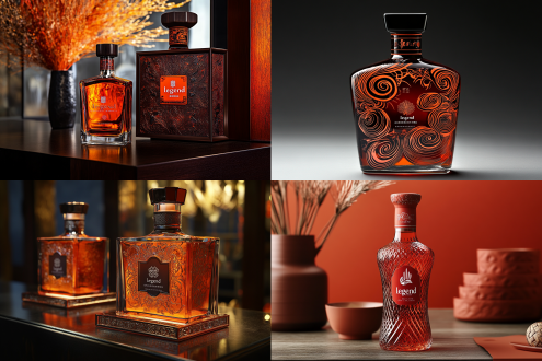 baijiu packaging design, beijing hotel brand name, the product name is "legend", similar to the bottle shape of moutai, brown bottle body, label elements include water patterns, fireworks, beijing hotel logo, exquisite label, red and orange packaging, chinese style packaging elements, exquisite and high-end, vip exclusive, exclusive luxury, two bottle styles, studio lighting, commercial photography, 4k.