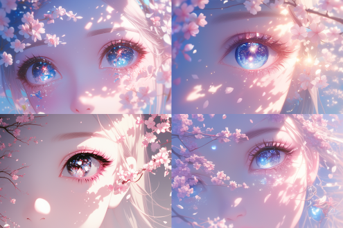 一个女孩，大眼睛，眼睛里反射出星辰，唯美风格，身后后个洁白的大月亮，前景是花瓣飘落的樱花，3d风格，高清唯美，设计大师，简洁留白，高清 4:3