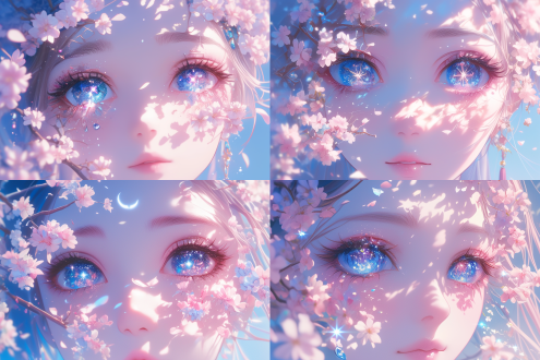 一个女孩，大眼睛，眼睛里反射出星辰，唯美风格，身后后个洁白的大月亮，前景是花瓣飘落的樱花，3d风格，高清唯美，设计大师，简洁留白，高清 4:3